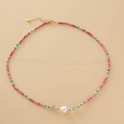 Natural Rhodonite Faceted Rondelle & Green Strawberry Quartz Beaded Natural Freshwater Pearl Nuggets Pendant Necklaces&nbsp;MP0641