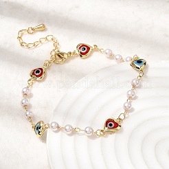 Brass & ABS Imitation Pearl Link Bracelest for Women&nbsp;BJEW-K298-01G