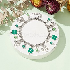Alloy Clover & Glass Charm Bracelet with 304 Stainless Steel Curb Chains for Saint Patrick's Day&nbsp;BJEW-TA00302