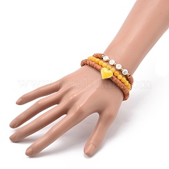 3Pcs 3 Style Natural Dyed Yellow Jade & Acrylic Word Love Beaded Stretch Bracelets Set with Alloy Enamel Heart Charms&nbsp;BJEW-JB08924-03