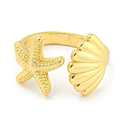 Starfish & Shell Rack Plating Brass Open Cuff Rings&nbsp;RJEW-N047-02G-RS