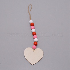 Valentine's Day Theme Schima Wood Beads & Hemp Rope Pendants Decorations&nbsp;HJEW-TAC0012-14