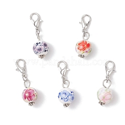 5Pcs Round Handmade Flower Printed Porcelain Ceramic Pendant Decoration&nbsp;HJEW-JM03828-01
