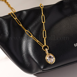 304 Stainless Steel Pave Clear Cubic Zirconia Oval Pendant Paperclip Chain Necklaces for Women&nbsp;WG80EE0-01