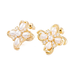 Clover Brass Pave Clear Cubic Zirconia & Freshwater Pearl Stud Earrings for Women&nbsp;EJEW-G391-01G