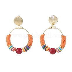 Natural Mashan Jade & Polymer Clay Beaded Big Ring Dangle Stud Earrings&nbsp;EJEW-TA00075-02