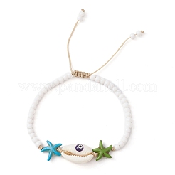 Synthetic Turquoise Starfish & Natural Shell Braided Bead Bracelets&nbsp;BJEW-TA00395