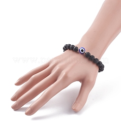 Natural Lava Rock Round Beaded Stretch Bracelet with Evil Eye Lampwork&nbsp;BJEW-JB07838
