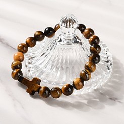 Natural & Synthetic Mixed Gemstone Cross & Round Beaded Stretch Bracelets&nbsp;BJEW-C119-01