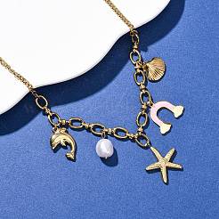 304 Stainless Steel Starfish Dolphin Shell Pink Enamel Rainbow Pendant Necklaces for Women&nbsp;NJEW-F346-01G