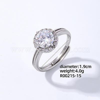 Flat Round Platinum Brass Adjustable Ring with Cubic Zirconia&nbsp;EG7863-11-1