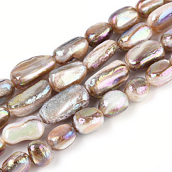 Electroplated Natural Freshwater Shell Beads Strands, Nuggets, Tan, 4.5~14x4~7x4~7mm, Hole: 0.6mm, about 41~60pcs/strand, 15.28~15.75''(38.8~40cm)