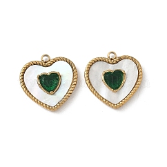 304 Stainless Steel Pendants, Heart Charms, with Shell & Rhinestone, Ion Plating(IP), Real 18K Gold Plated, 15x15x4mm, Hole: 1.5mm