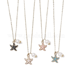 Summer Beach Starfish Alloy Enamel & ABS Plastic Imitation Pearl Pendant Necklaces&nbsp;NJEW-JN05268