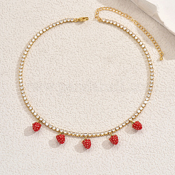 Brass Pave Clear Cubic Zirconia Tennis Chain 5 Strawberries Pendant Bib Necklaces for Women&nbsp;JT1747