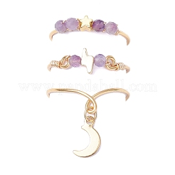 3Pcs Copper Wire Wrapped Natural Amethyst Faceted Round Bead Finger Rings for Women&nbsp;RJEW-JR00887-03