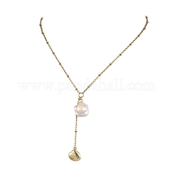 Summer Natural Baroque Keshi Pearl & 304 Stainless Steel Sea Animal Pendant Satellite Chain Y Lariat Necklaces&nbsp;NJEW-JN06049-03