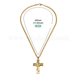 304 Stainless Steel Cross with Tree of Life Pendant Curb Chain Necklaces with Lobster Clasps&nbsp;NJEW-TADJ0001-05G