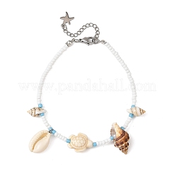 Ocean Natural Mixed Shell & Synthetic Turquoise Turtle & Glass Seed Beaded Anklets for Women&nbsp;AJEW-AN00860