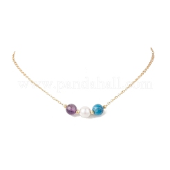 Natural Cultured Freshwater Pearl & Natural Amethyst & Apatite Round Beaded Pendant Brass Cable Chain Necklaces for Women&nbsp;NJEW-JN05686