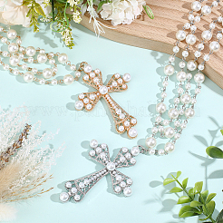 2Pcs 2 Styles Iron & Alloy Cross Big Pendant Plastic Pearl Link Chain Double Layered Necklaces&nbsp;NJEW-ME0001-23