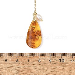 Natural Amber Teardrop Pendant Lariat Y Necklaces with Brass Cable Chains and Natural Pearl for Women&nbsp;NJEW-JN06607