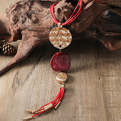 Alloy & Resin Flat Round Pendant Multi Layered Waxed Cord Y Necklaces for Women&nbsp;FS-WGE6F2E-01
