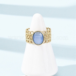 304 Stainless Steel with Glass Cat Eye Cuff Rings for Women&nbsp;RJEW-K309-40B