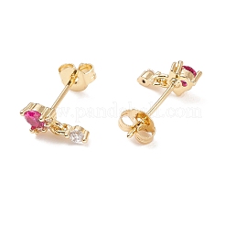 Deep Pink Cubic Zirconia Flat Round Dangle Stud Earrings&nbsp;EJEW-C029-03G