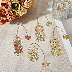 4Pcs 4 Styles Brass & Iron Enamel Rose Bookmarks with Chain&nbsp;AJEW-SP0002-25