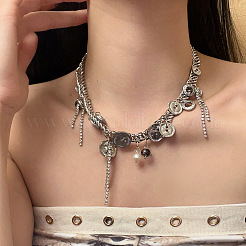Alloy and Imitation Pearl Button Tassel Choker Necklaces for Women&nbsp;FS-WG5819F-01