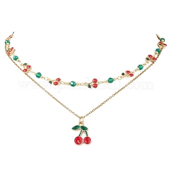 Brass Enamel Red Cherry Pendant 304 Stainless Steel Double Layered Necklaces for Women&nbsp;NJEW-JN05763