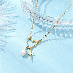 2Pcs 2 Colors Stainless Steel & ABS Imitation Pearl Heart Cross Necklaces for Women&nbsp;NJEW-JN05201