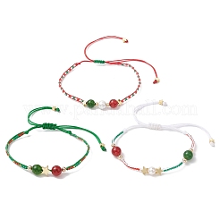 3Pcs 3 Styles Christmas 8mm Round Dyed Natural Malaysia Jade & Natural Carnelian & Glass Seed Beads Braided Bead Bracelets&nbsp;BJEW-MZ00070