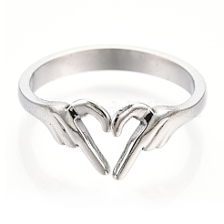 Non-Tarnish 304 Stainless Steel Hand Heart Cuff Rings&nbsp;RJEW-N038-121P