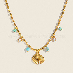 Stainless Steel Shell Shape Pendant with Clear Cubic Zircon & Dyed Shell Tassel Necklaces for Women&nbsp;ZN3390