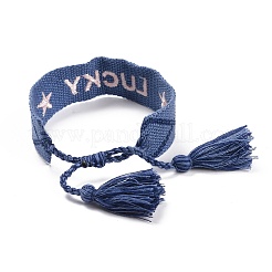 Word Lucky Polycotton(Polyester Cotton) Braided Bracelet with Tassel Charm&nbsp;LS-BJEW-F429-08
