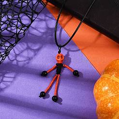 Halloween Theme Skeleton Glass Seed Beaded & Natural Black Onyx(Dyed & Heated) & Skull Dyed Synthetic Turquoise Pendant Necklaces&nbsp;NJEW-MZ00117