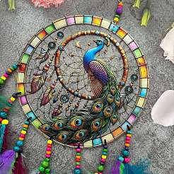 Peacock Acrylic & Woven Net/Web with Feather Hanging Ornaments&nbsp;HJEW-A013-01