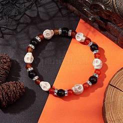 Halloween Skull Synthetic Turquoise & Natural Red Agate & Black Onyx Beaded Stretch Bracelets&nbsp;BJEW-TA00485