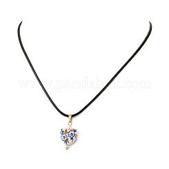 Printed Porcelain Heart Penant Black Waxed Cord Necklace for Women&nbsp;NJEW-JN06482