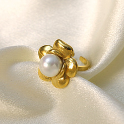 304 Stainless Steel and Imitation Pearl Cuff Open Rings for Women&nbsp;FS-WG8B2EB-01