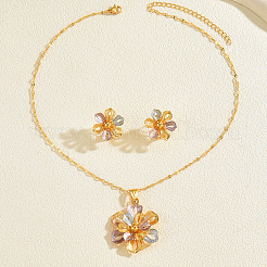 Vintage Brass Flower Stud Earrings & Pendant Necklaces Sets for Women&nbsp;GY5333