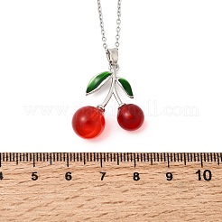 Brass Enamel & Resin Red Cherry Pendant 304 Stainless Steel Cable Chain Necklaces for Women&nbsp;NJEW-H092-01P