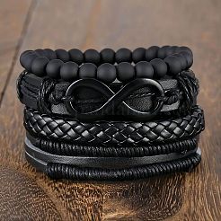 4Pcs 4 Styles Cowhide & Imitation Leather & Beaded Bracelet Set for Men Women&nbsp;FS-WG0FA9F-01