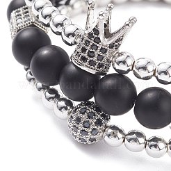 3Pcs 3 Style Round Synthetic Black Stone & Hematite Beaded Stretch Bracelets Set&nbsp;BJEW-JB07688-03