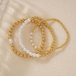3Pcs 3 Styles Brass & Plastic Imitation Pearl Round Beads Stretch Bracelets for Women&nbsp;TJ3268-1