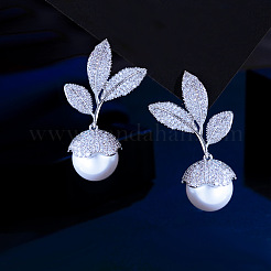 Leaf with Round Brass Micro Pave Clear Cubic Zirconia Dangle Stud Earrings&nbsp;FS-WGD9583-01