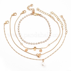 4Pcs 4 Style Alloy Chain Anklets Set with Heart Flat Round and Resin Pearl Charm&nbsp;SJEW-D009-04KCG