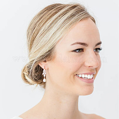 Teardrop with Leaf Brass Clear Cubic Zirconia Dangle Stud Earrings&nbsp;FS-WG5BC5A-02